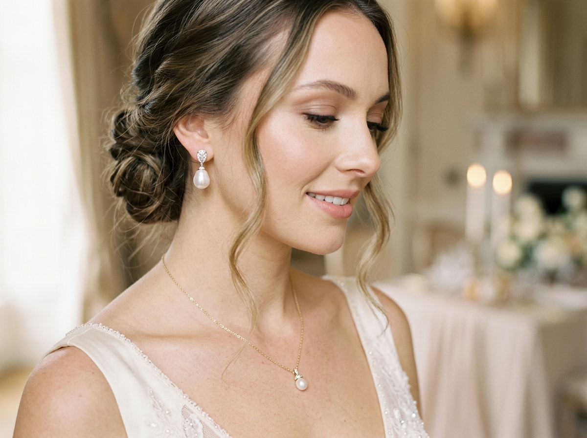 Close-up of a bride wearing pearl drop earrings and a delicate pearl necklace with soft bridal makeup