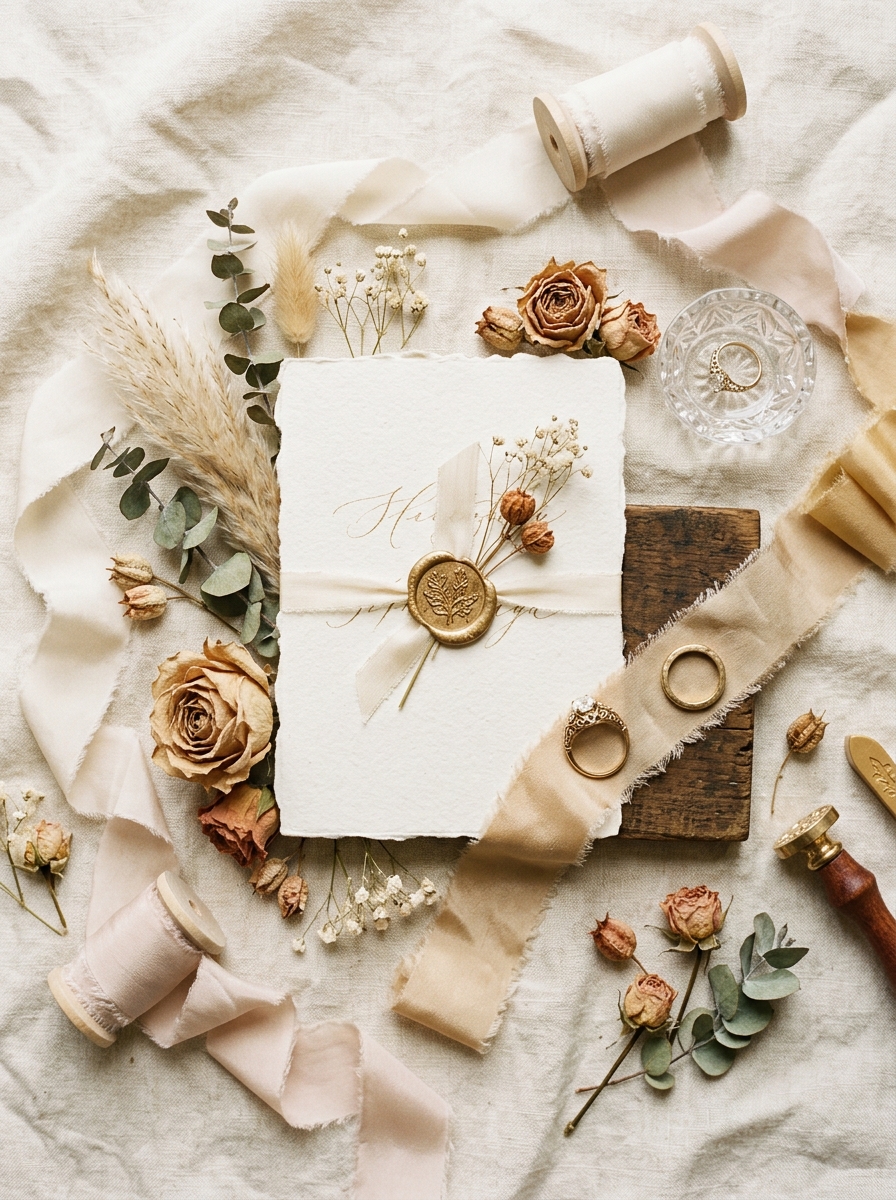 Luxury wedding flat lay with handmade invitation, gold wax seal, dried roses, silk ribbons, and vintage rings on cream linen