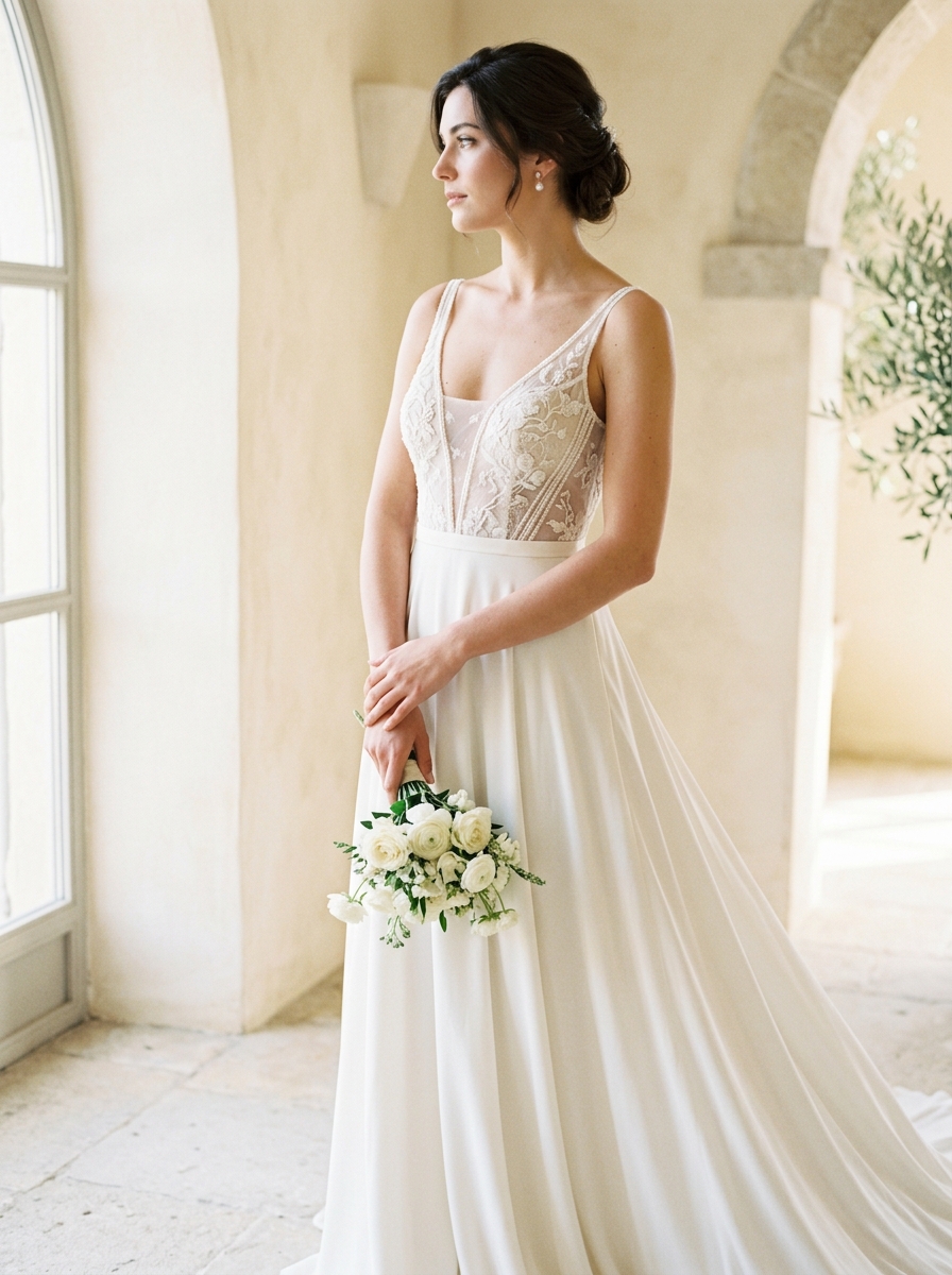 Bride in a flowing A-line wedding gown with delicate lace bodice standing in a warm Mediterranean archway