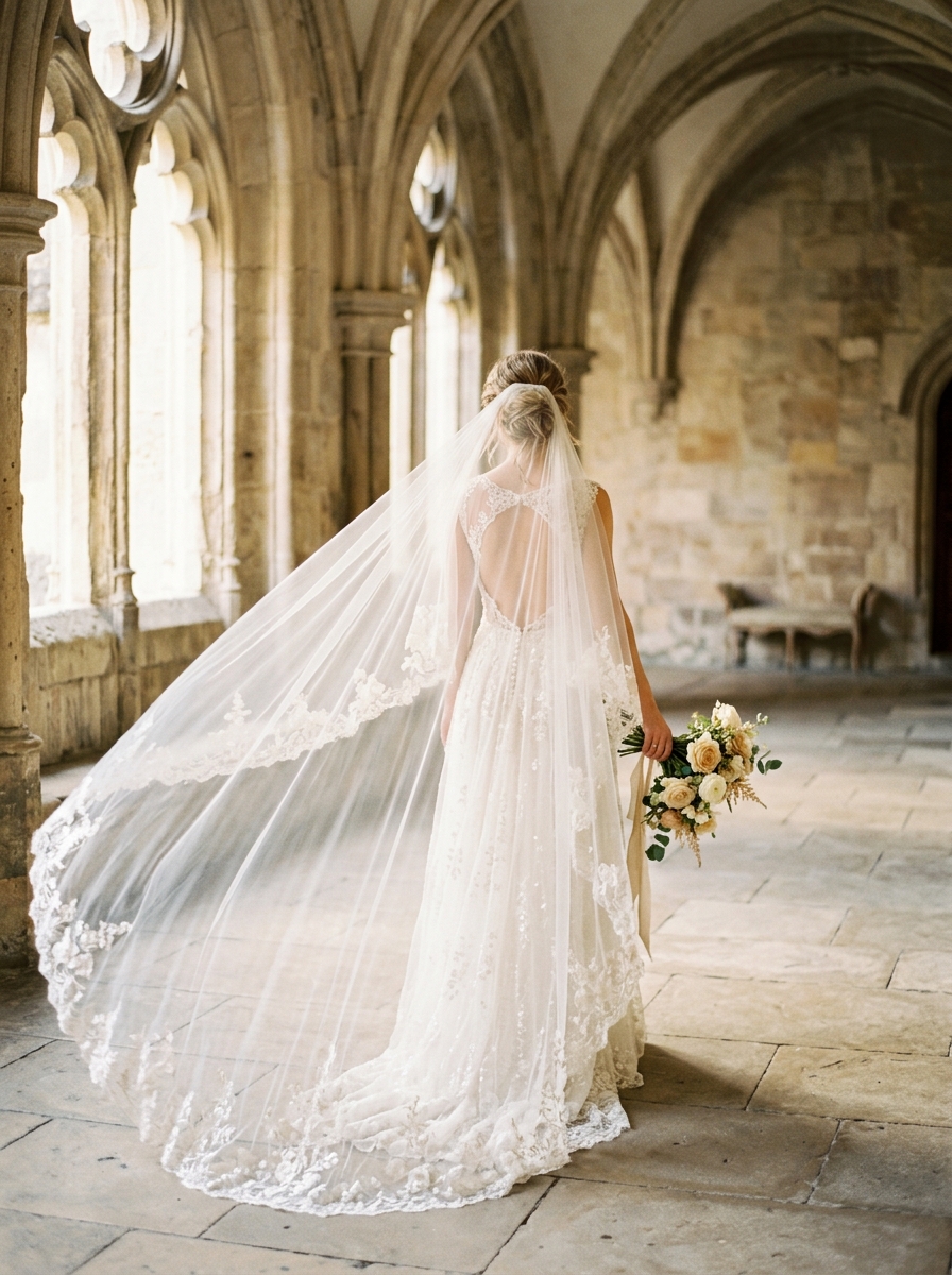 Bride with an ethereal cathedral-length lace veil flowing behind her in a Gothic stone archway with golden light