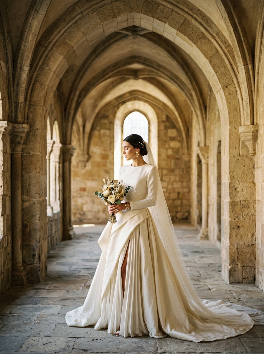 Bride in a sophisticated structured wedding gown with dramatic pleats, posed in a grand Gothic cathedral with warm golden light and stone arches